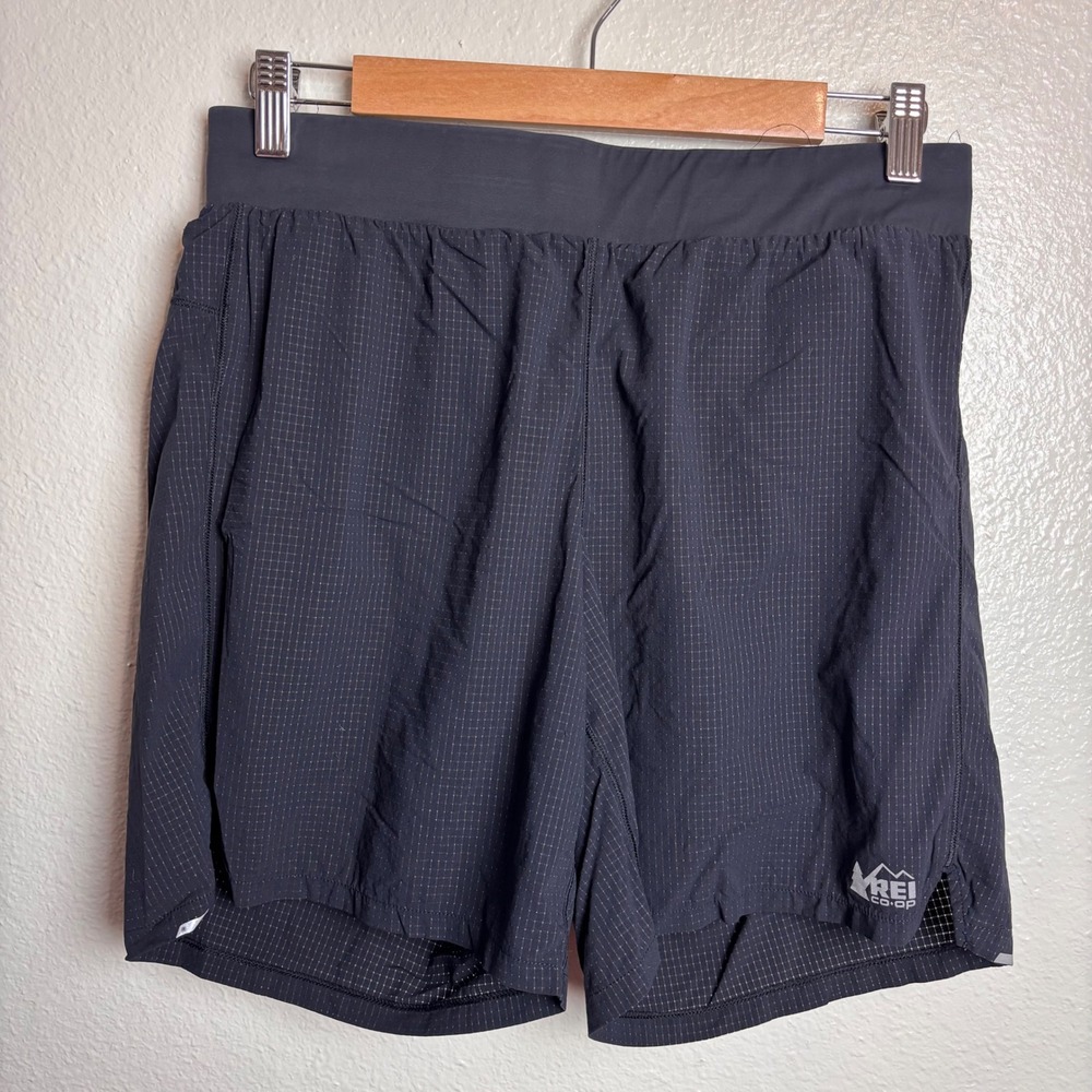 REI Co-op Swiftland Womens M 5" Running Shorts Black Grid Lined Trail Athletic